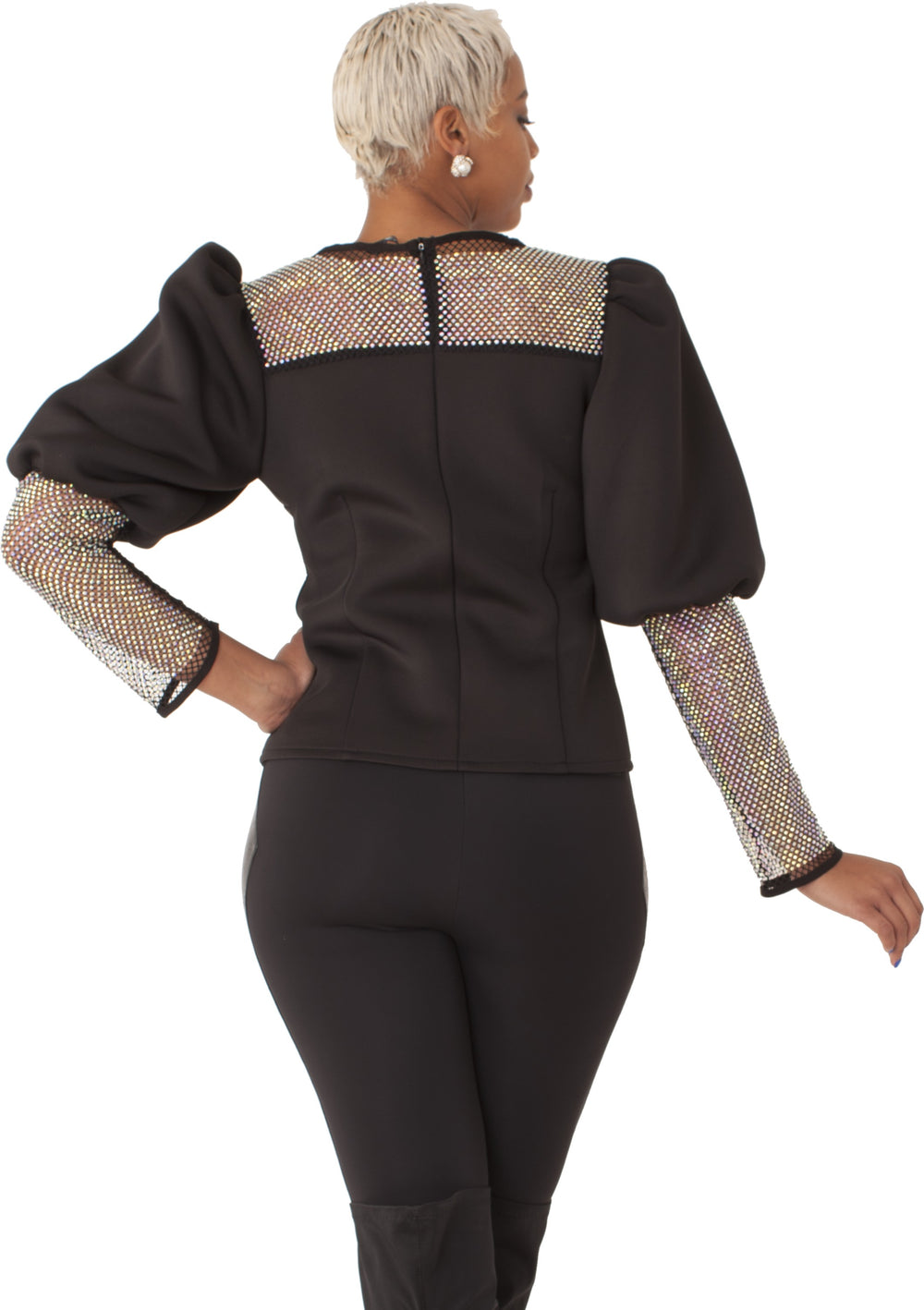 Black Rhinestone Mesh Yoke Puff Sleeve Top - 82233