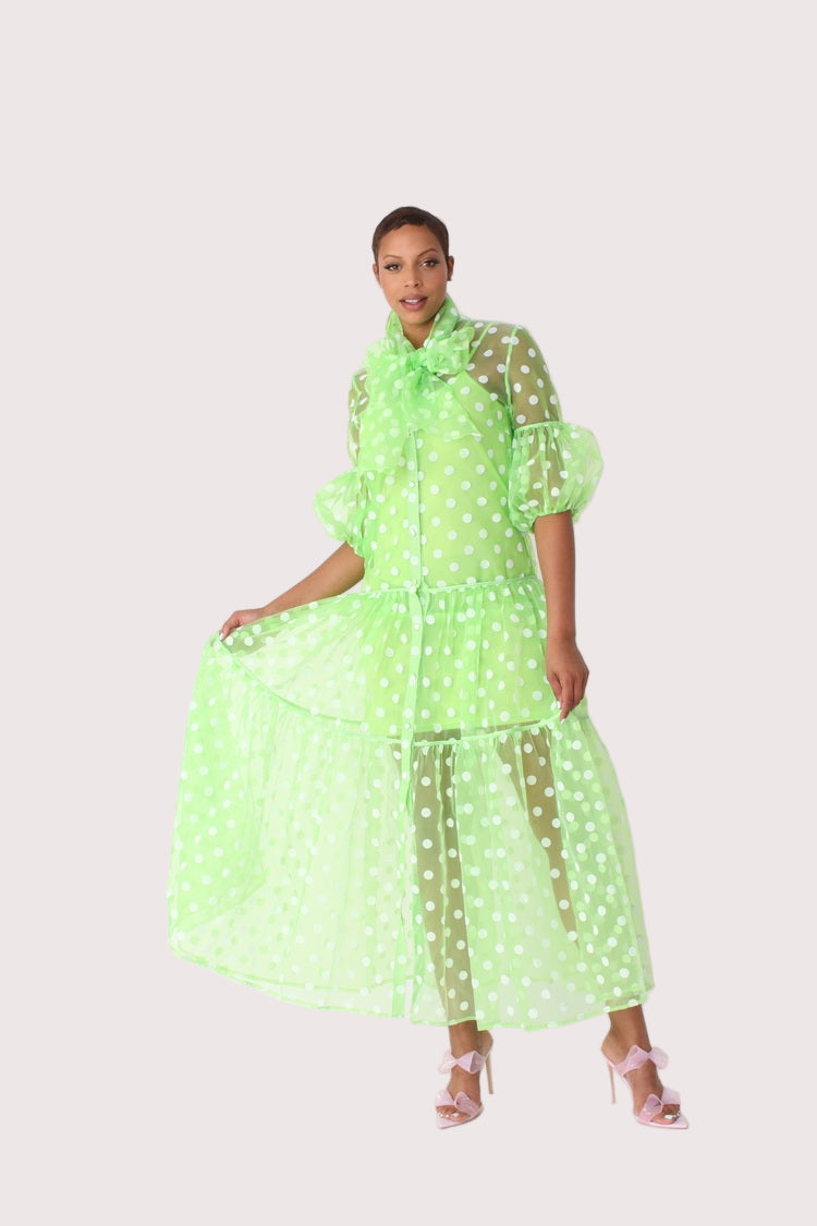 Polka dot organza maxi dress style 82234 in lime and white shown front-facing in a standing pose highlighting the fresh color and sheer polka dot texture by For Her NYC