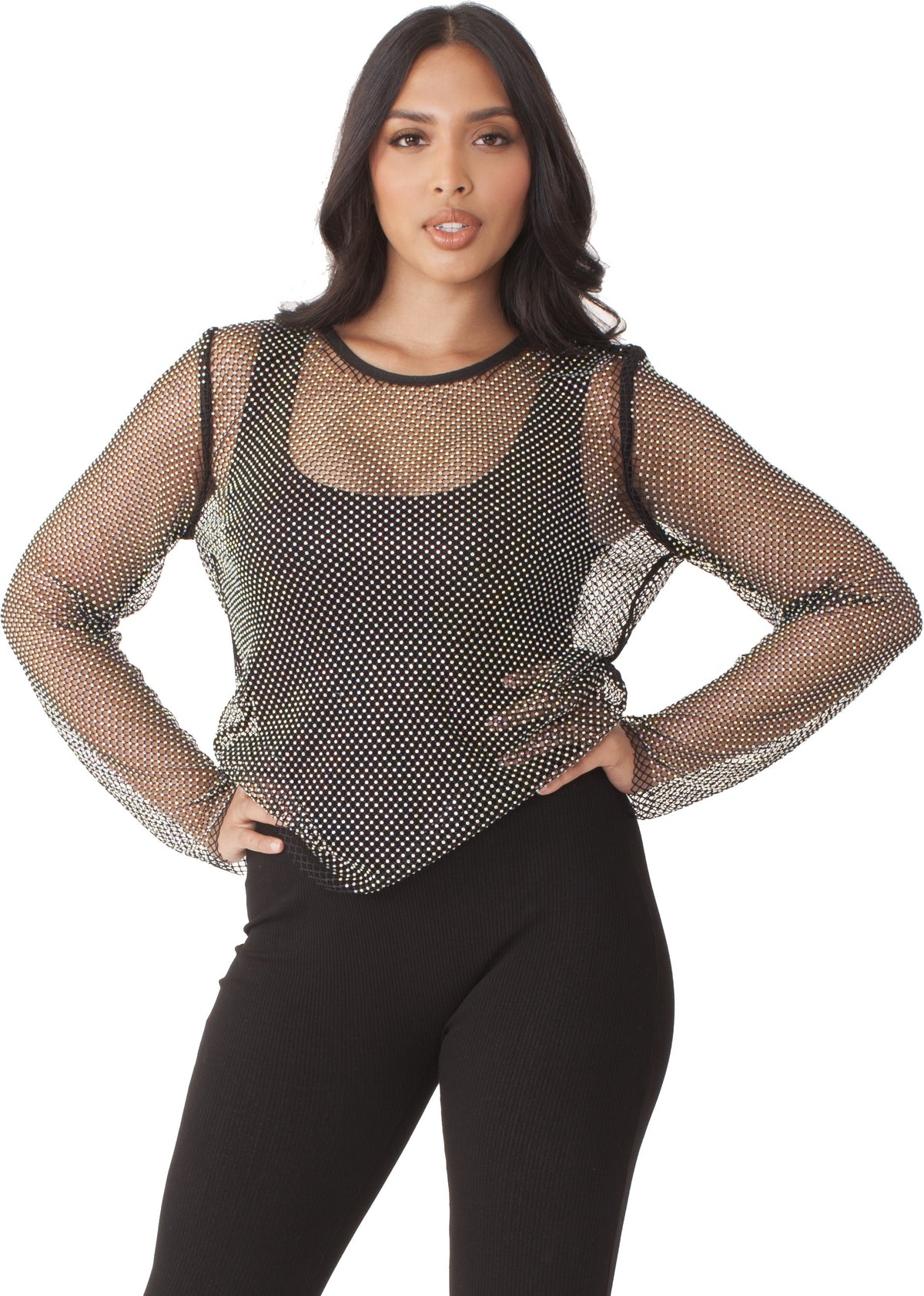 82249-black Front view of model wearing a black open-knit long-sleeve top, For Her NYC