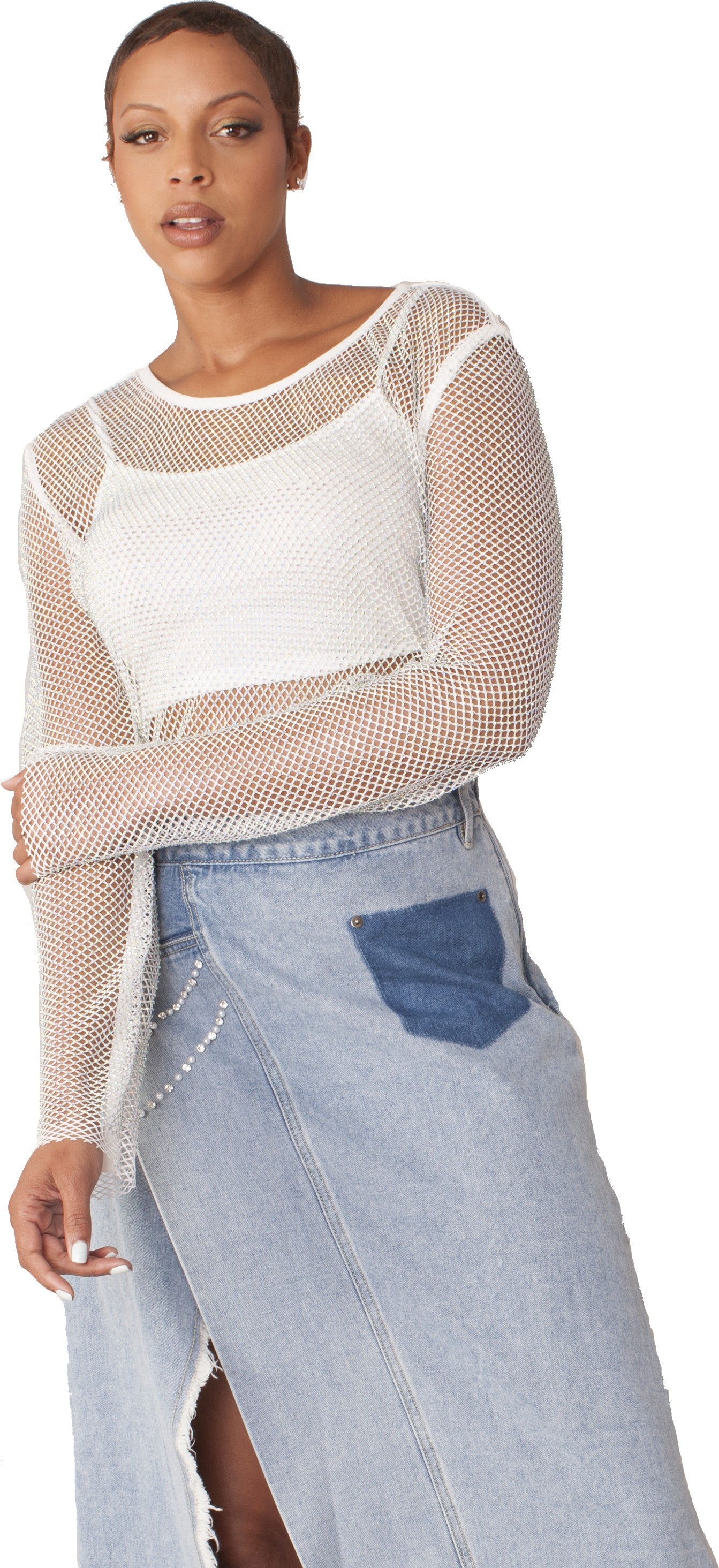 82249-white Front view of model wearing a white open-knit long-sleeve top, For Her NYC
