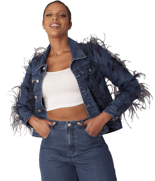 Feather Trim Denim Jacket - 82303