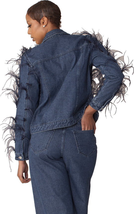 Feather Trim Denim Jacket - 82303