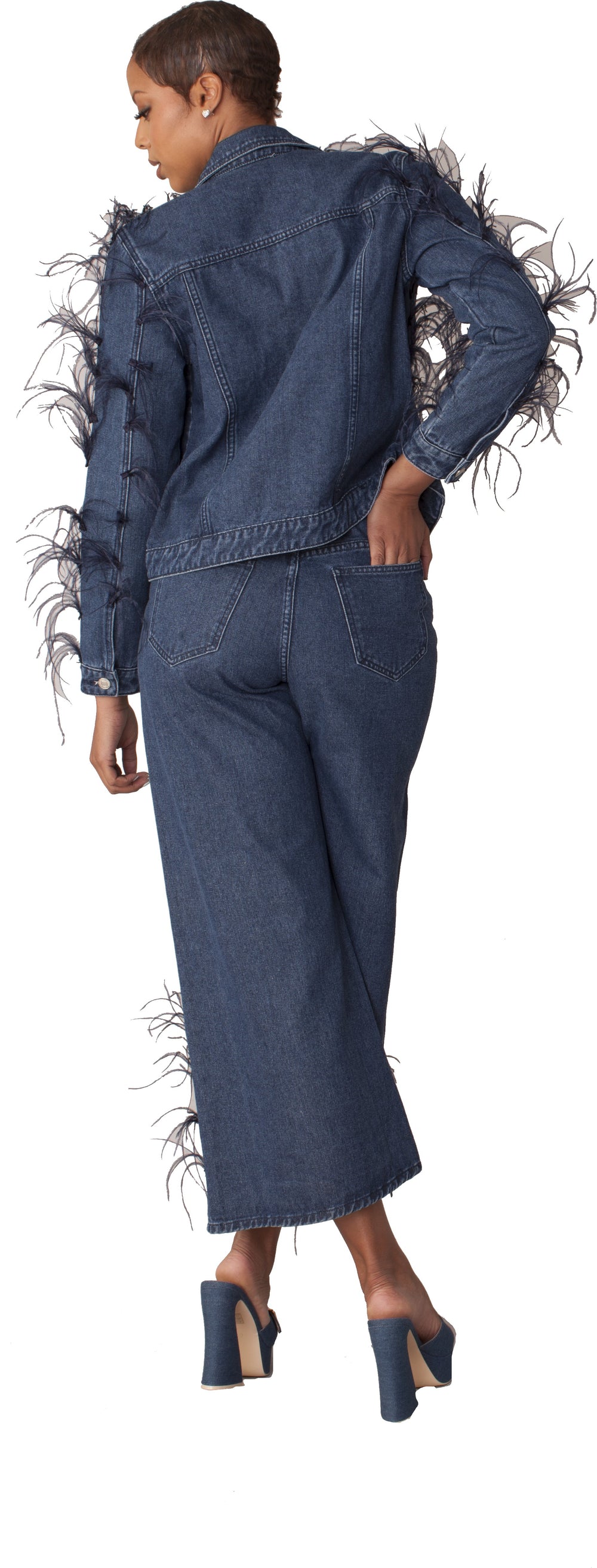 Feather Trim Wide Leg Jeans - 82304