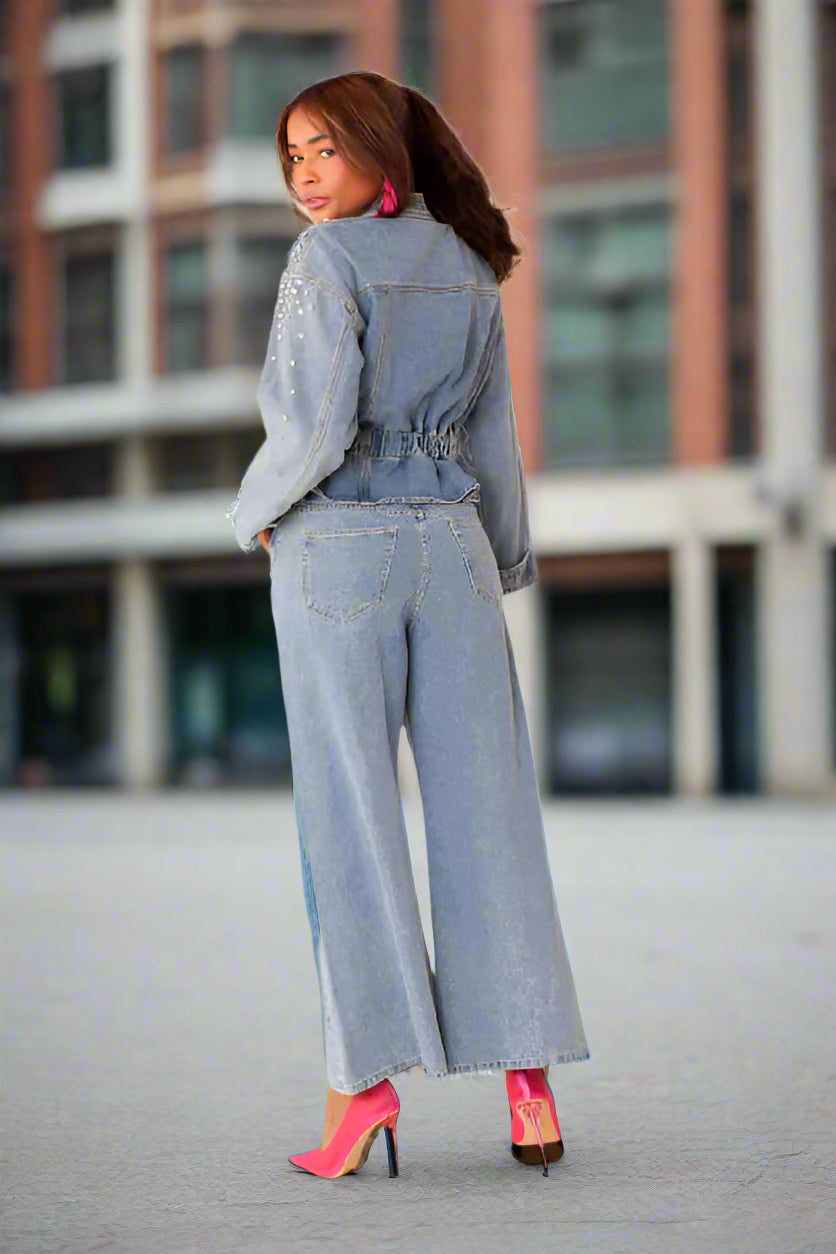 Pearl Rain wide-leg jeans style 82327 in denim shown from the back in a standing pose showcasing the wide-leg cut, pearl detailing, and vintage-inspired fit by For Her NYC