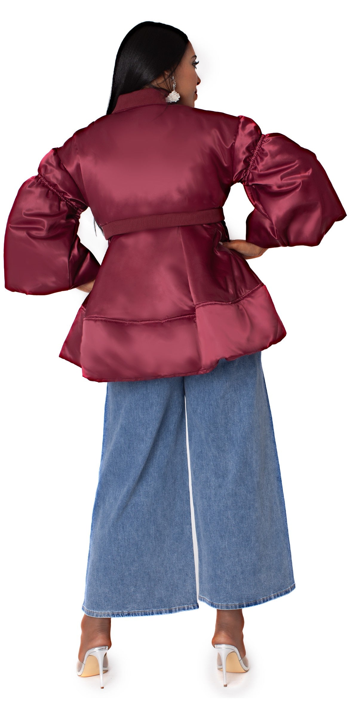 Model wearing burgundy woven jacket with contrasting lining paired with denim midi skirt, back pose – For Her NYC