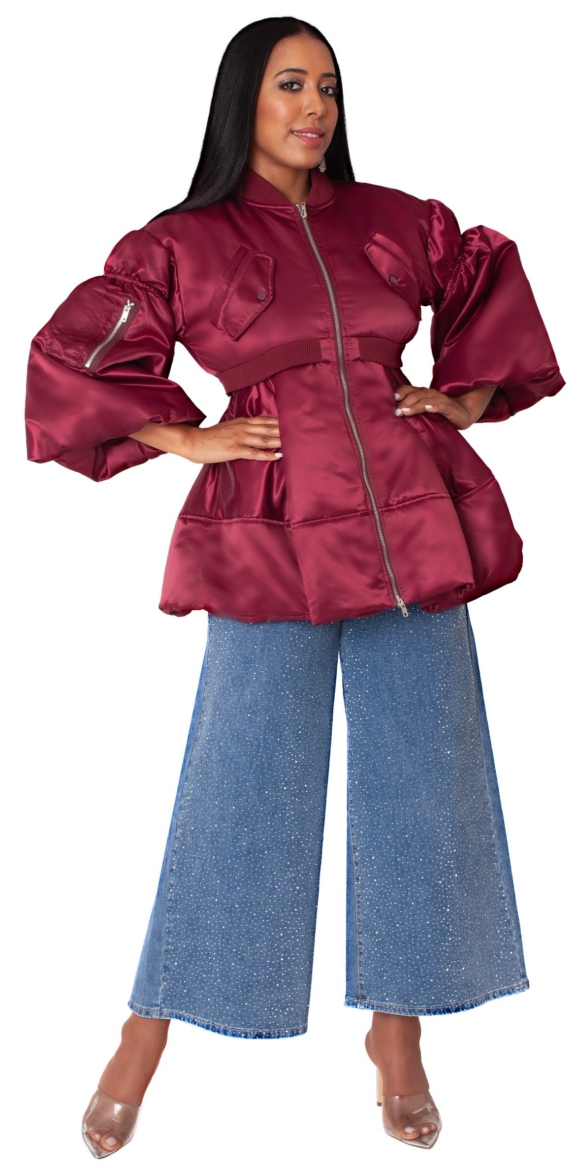 Model wearing burgundy woven jacket with contrasting lining paired with denim midi skirt, standing front pose – For Her NYC