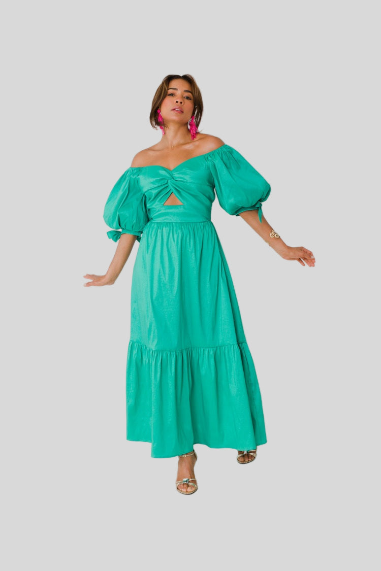 Sage Garden Party maxi dress style 82358 in emerald shown full length from the front emphasizing the flowing silhouette and feminine summer shape by For Her NYC