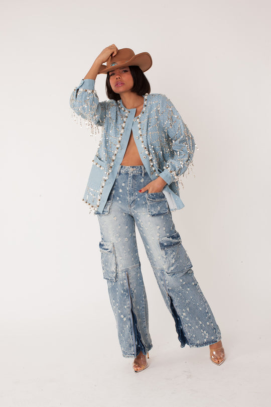 Blue Denim Jacket with Sequins and Pearls | FOR HER NYC – Style 82384