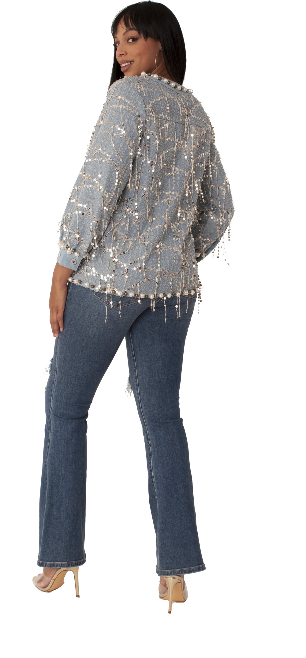 Blue Denim Jacket with Sequins and Pearls | FOR HER NYC – Style 82384