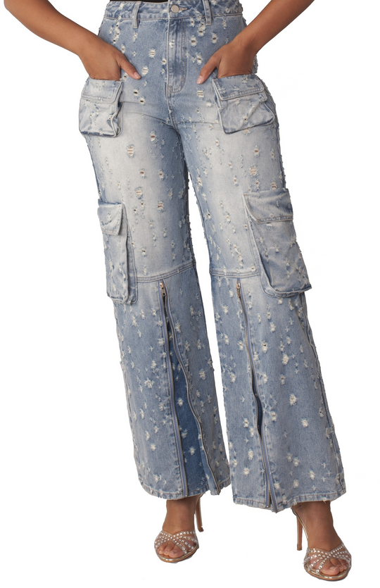 Distressed Denim Cargo Jeans -82385