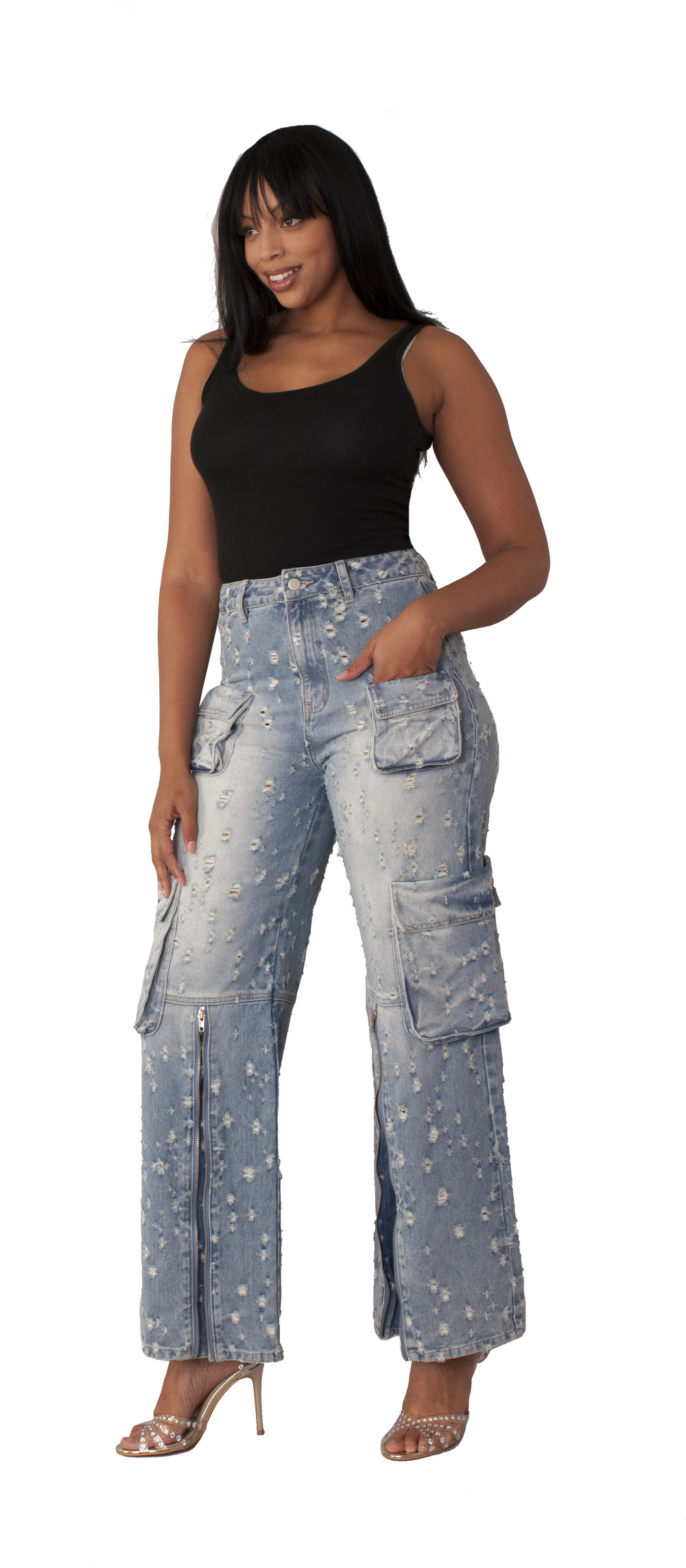 Distressed Denim Cargo Jeans -82385