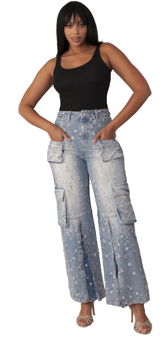 Distressed Denim Cargo Jeans - Style 82385