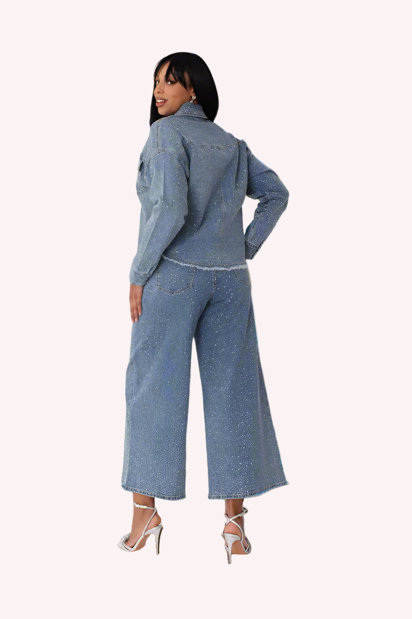 Blue / Denim rhinestone culottes showing back view with relaxed wide-leg silhouette, For Her NYC