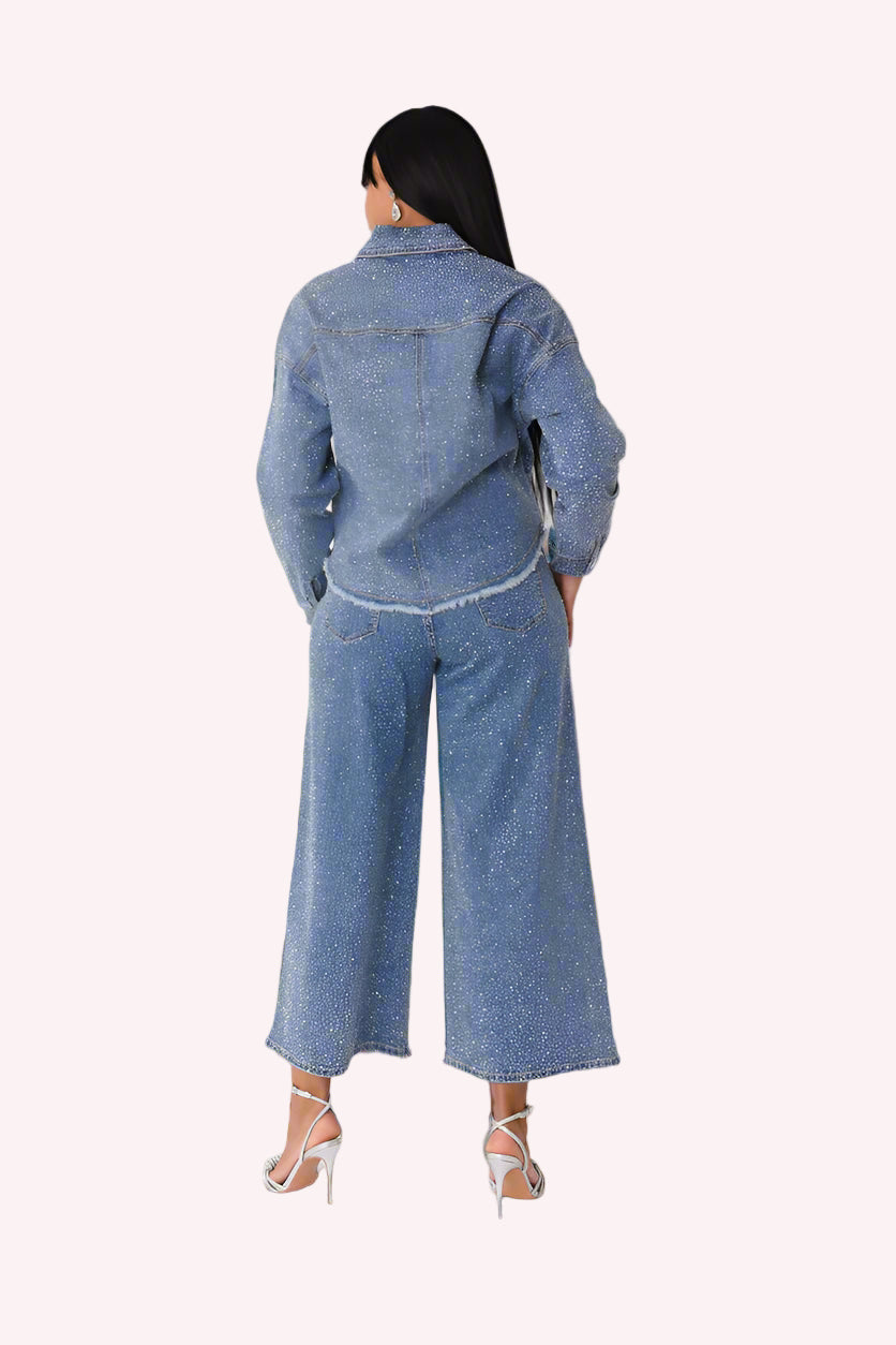 Blue / Denim rhinestone culottes showing back view with relaxed wide-leg silhouette, For Her NYC