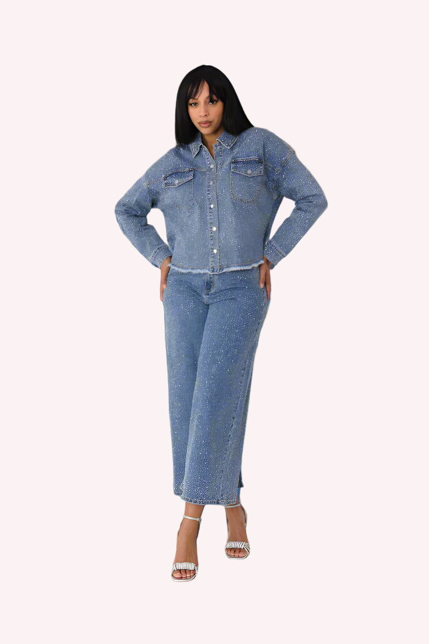 Blue / Denim rhinestone culottes with embellished finish and wide-leg silhouette, alternate front pose, For Her NYC