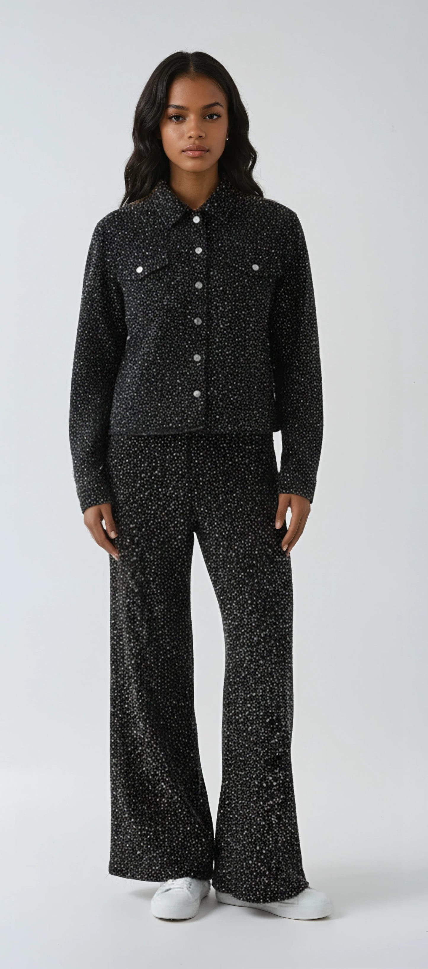 Black denim rhinestone culottes featuring a relaxed wide-leg silhouette and allover sparkle, front view, For Her NYC