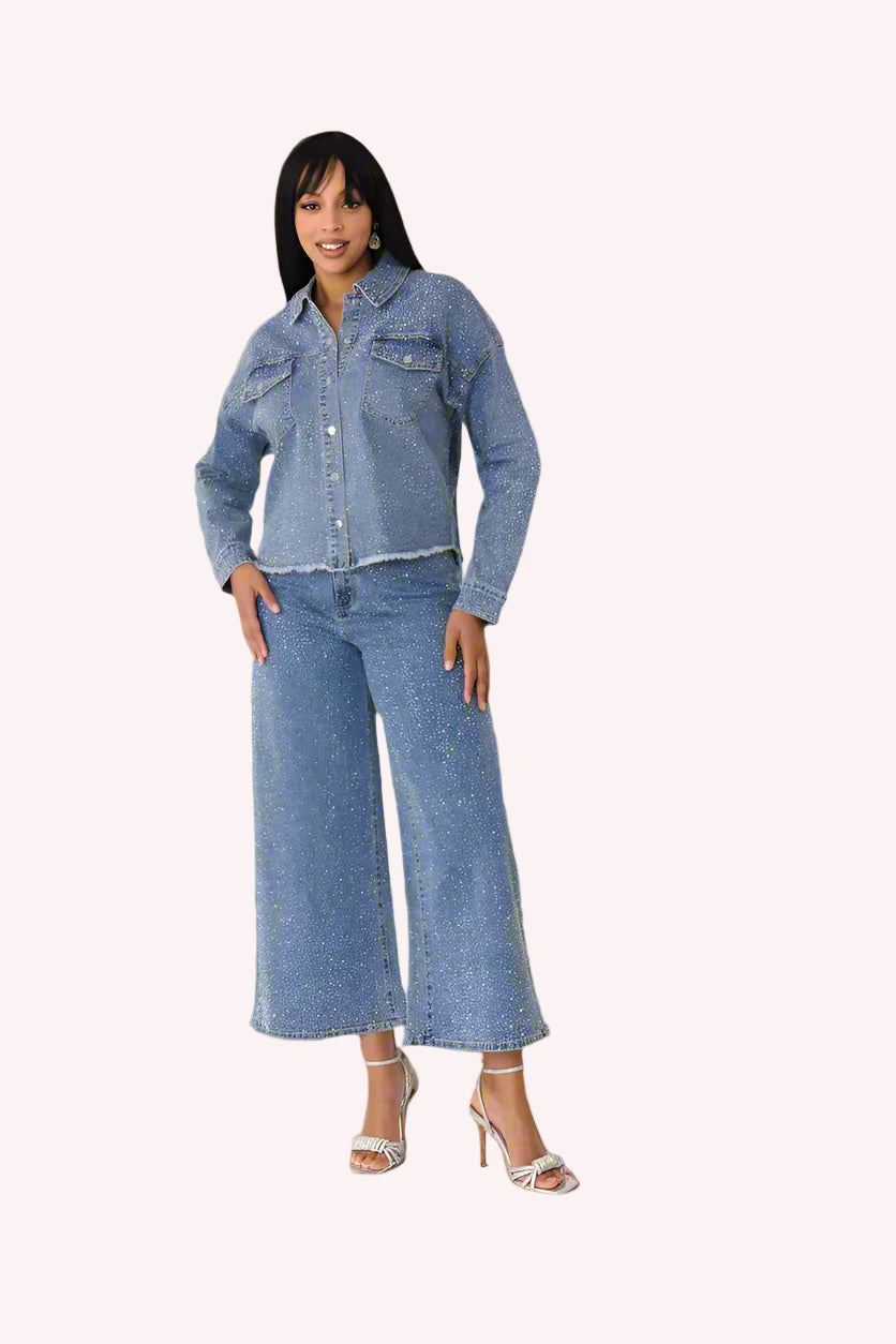 Blue denim rhinestone culottes with wide-leg fit and embellished detailing, front view, For Her NYC
