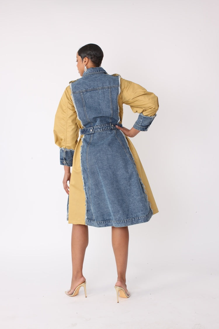 Two Tone Denim Dress for Chic Casual Style DENIM/KHAKI / XL