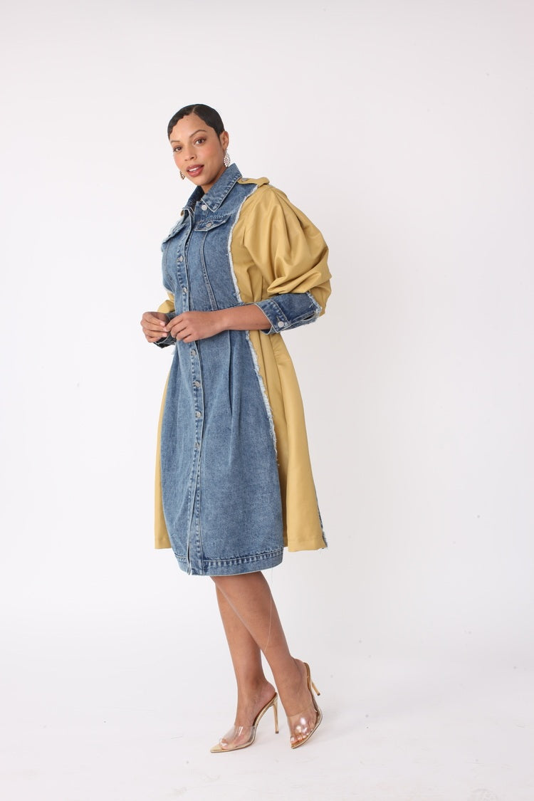 Model walking in two tone denim dress with denim and khaki color blocking, fashion movement pose, For Her NYC
