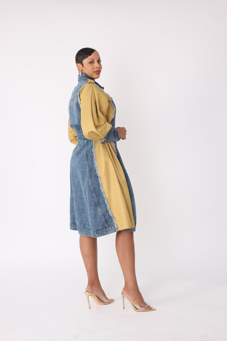 Model posing in two tone denim dress with khaki sleeve detail, side angle view, For Her NYC