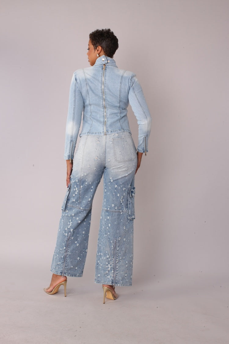 Back view of bow detail denim top showing zipper closure and tailored fit, For Her NYC