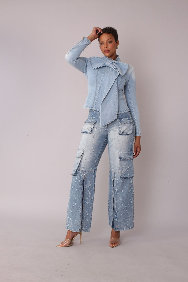 Model wearing bow detail denim top in light wash denim, front standing pose, For Her NYC