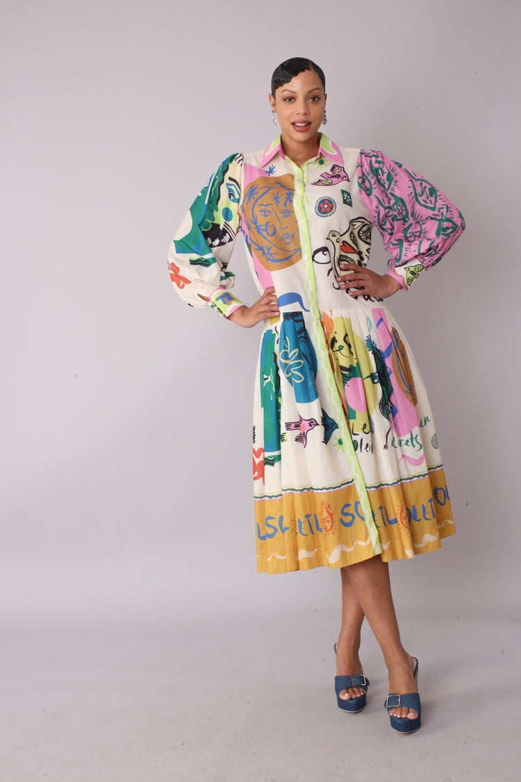 Model wearing artistic print shirt dress in multi print, front standing pose, For Her NYC