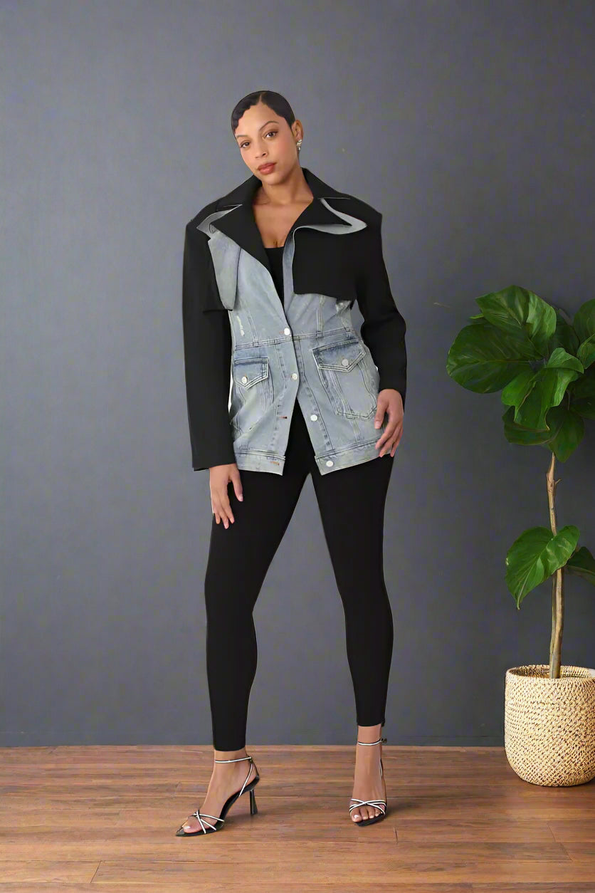 Model wearing hybrid blazer denim jacket with tailored blazer styling and denim panels, front standing pose, For Her NYC