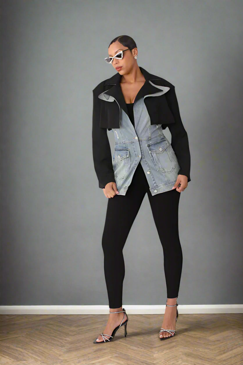 Model wearing hybrid blazer denim jacket with tailored blazer styling and denim panels, front standing pose, For Her NYC