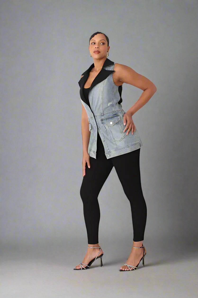 Model wearing hybrid blazer denim jacket sleeveless style with tailored blazer collar and denim body, front standing pose, For Her NYC