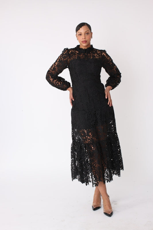 Black lace midi dress with Victorian-inspired high neckline and balloon sleeves, For Her NYC