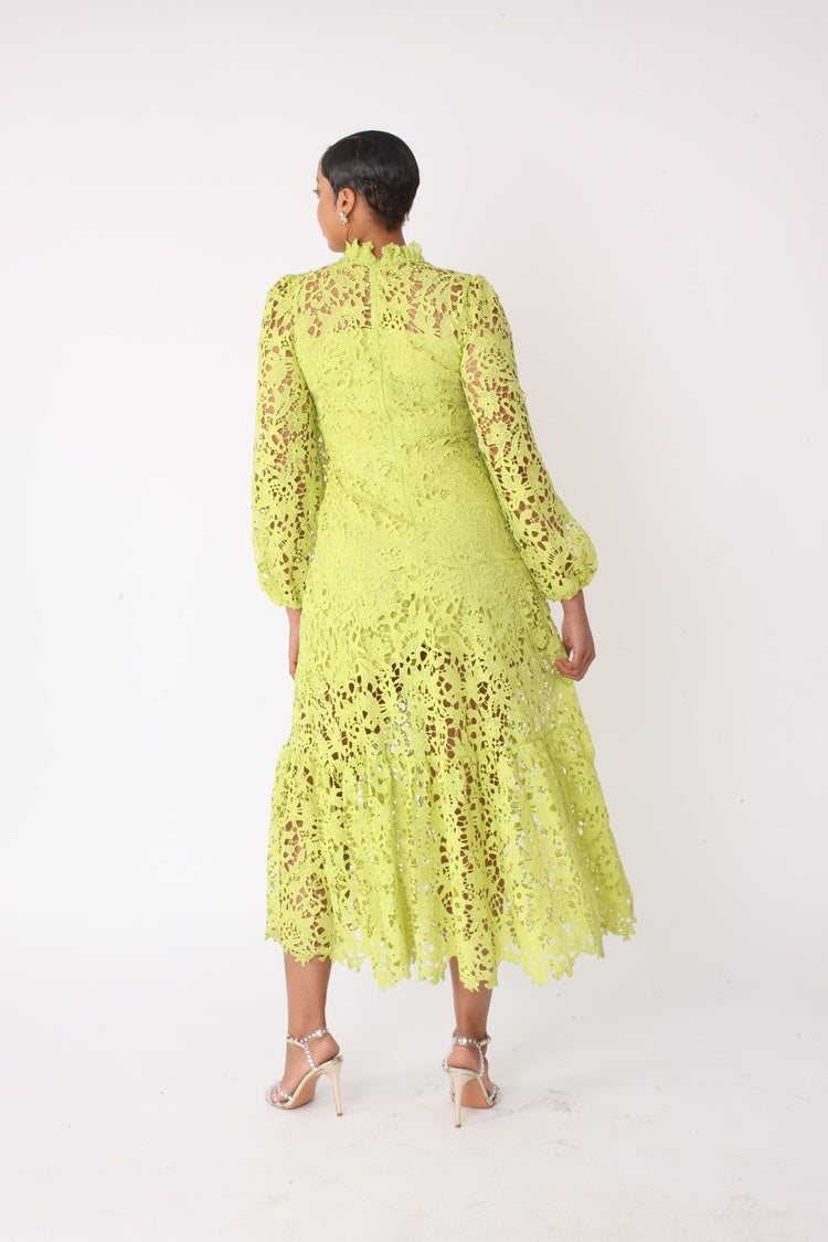 Back view of chartreuse lace midi dress with scalloped hem and hidden zipper, For Her NYC