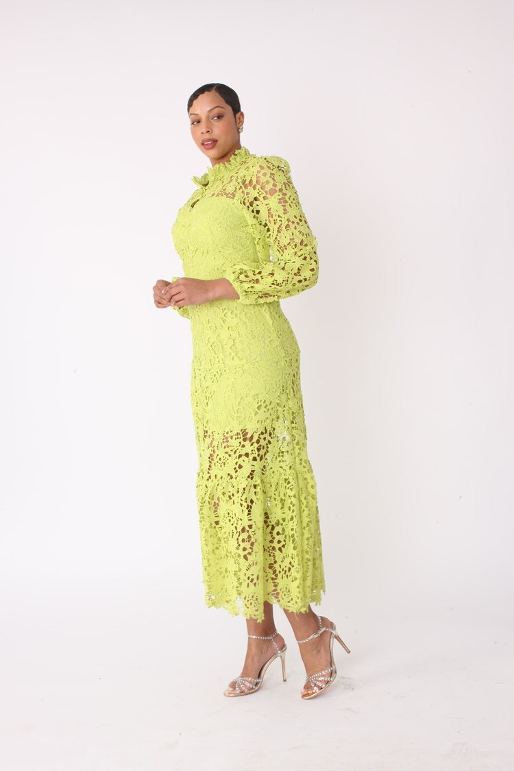 Side view of chartreuse lace midi dress with long balloon sleeves and floral lace detail, For Her NYC