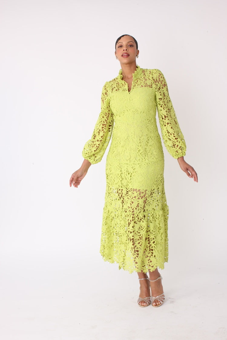 Model walking in chartreuse lace midi dress showing fitted bodice and A-line skirt, For Her NYC
