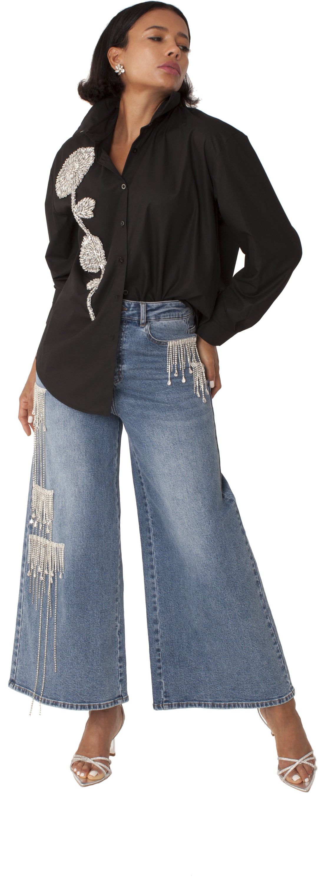 Crystal Cascade Wide-Leg Denim | Rhinestone Waterfall Jeans | Style #82513