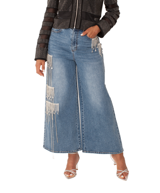 Crystal Cascade Wide-Leg Denim | Rhinestone Waterfall Jeans | Style #82513