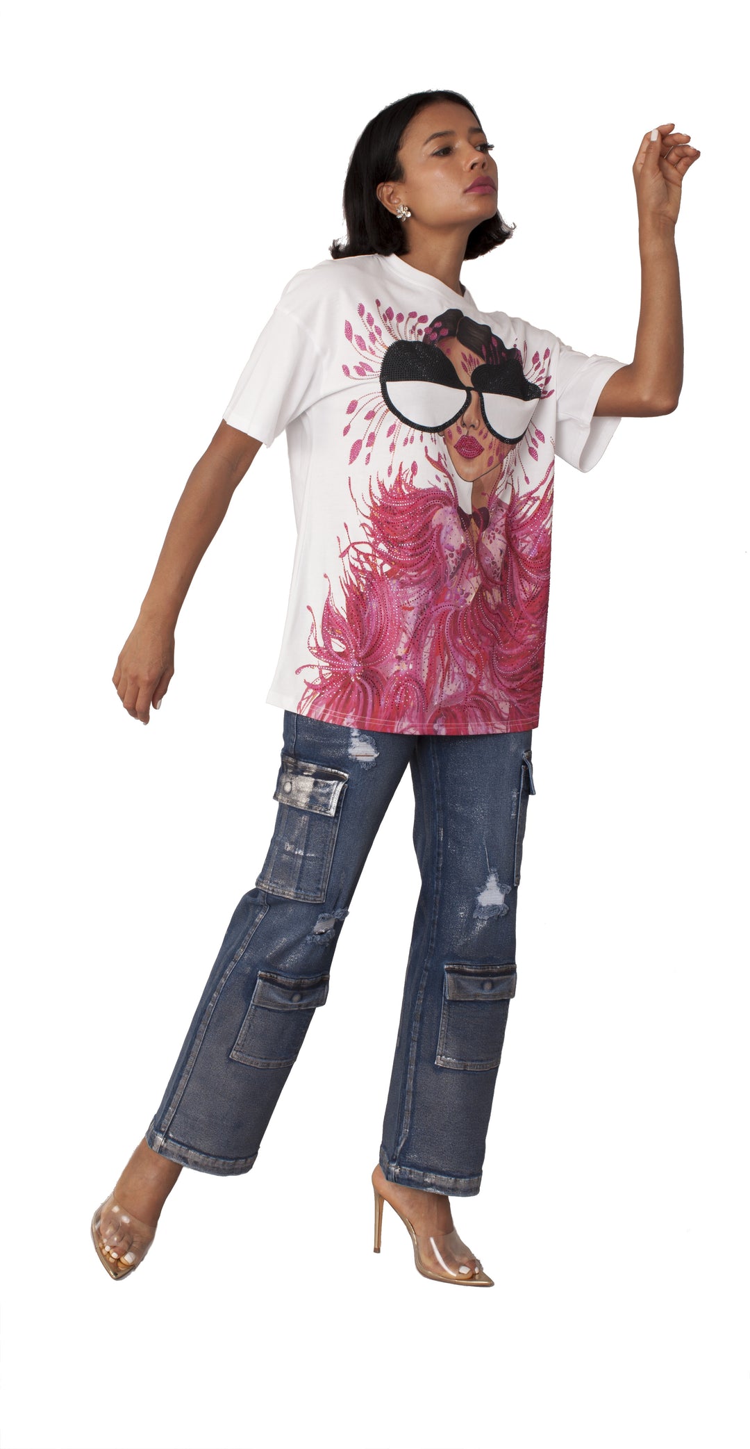 Glam Girl Graphic Oversized T-Shirt - Pink Fashion Print Design - Style #82527