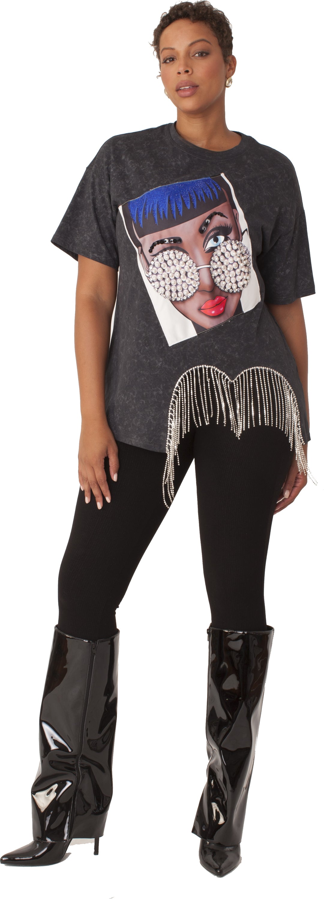 Crystal Fringe Graphic T-Shirt - Blue Bangs Fashion Face Print - Style #82529