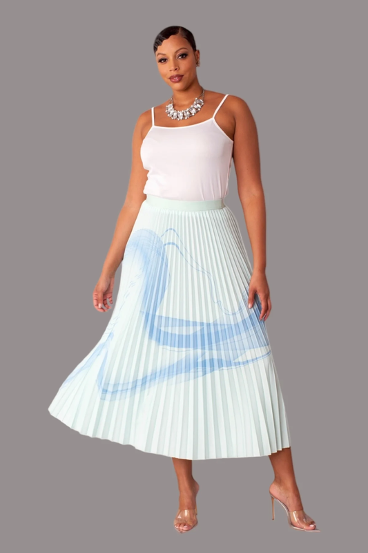 Watercolor print pleated maxi skirt in blue multi, model standing front view, For Her NYC