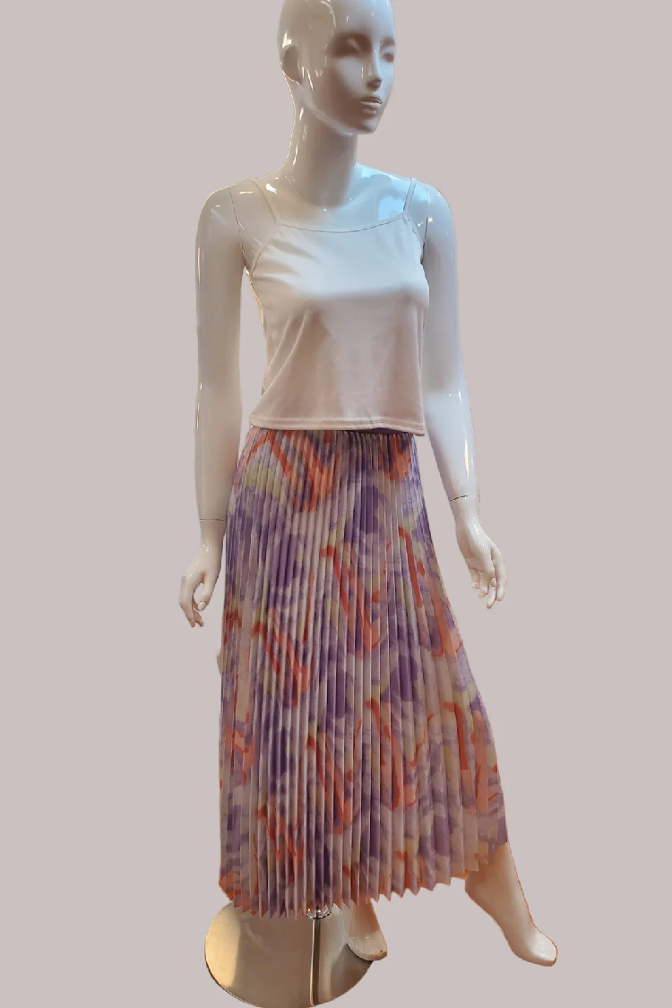 Watercolor print pleated maxi skirt in purple multi, flat product view, For Her NYC
