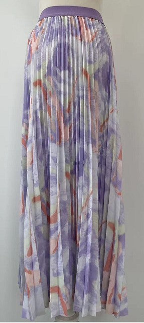 Watercolor Print Pleated Maxi Skirt - 82606