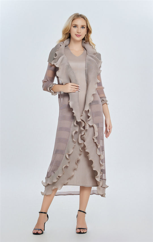 Ruffle Trim Midi Dress with Sheer Scarf - 82611