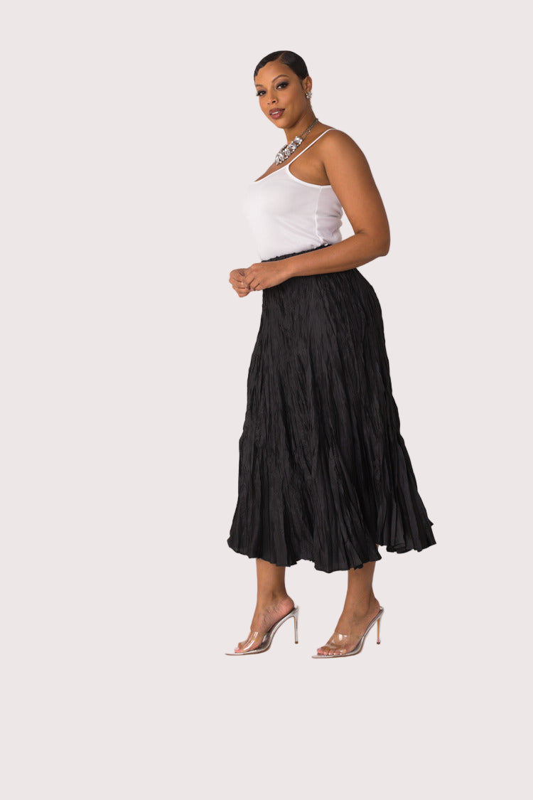 Elastic waist crinkle maxi skirt in black, side profile shown, For Her NYC