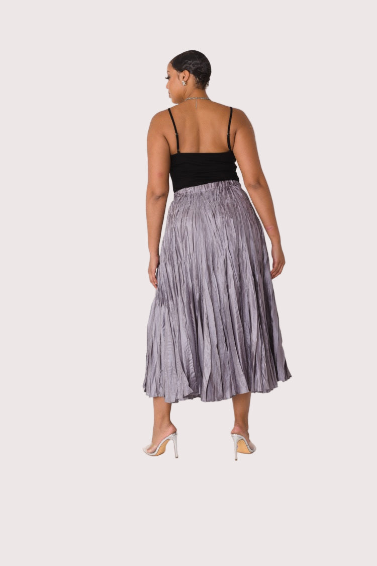 GREY Elastic waist crinkle maxi skirt in grey, back view silhouette, For Her NYC