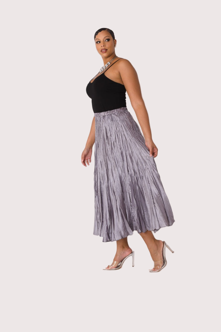 Elastic waist crinkle maxi skirt in grey, side profile shown, For Her NYC