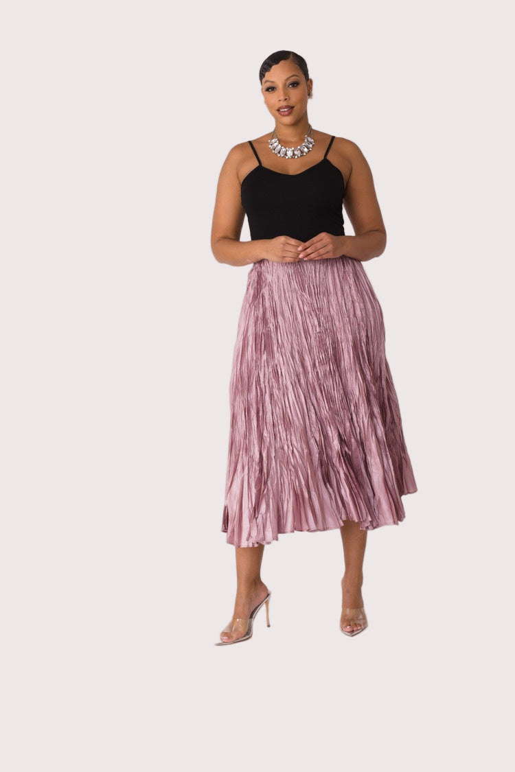 Elastic waist crinkle maxi skirt in pink, model standing front view, For Her NYC