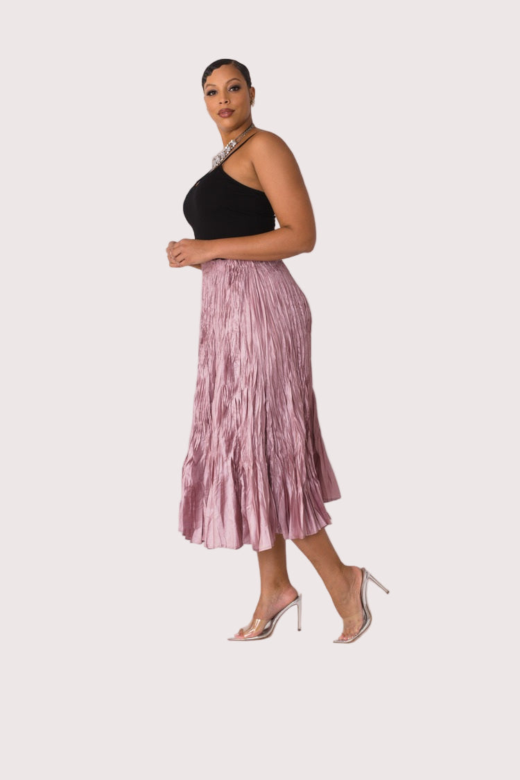 Elastic waist crinkle maxi skirt in pink, side profile shown, For Her NYC