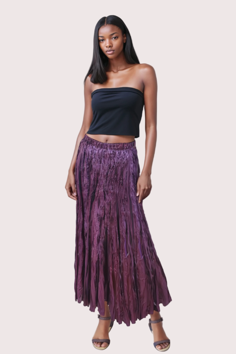 Elastic waist crinkle maxi skirt in purple, model standing front view, For Her NYC
