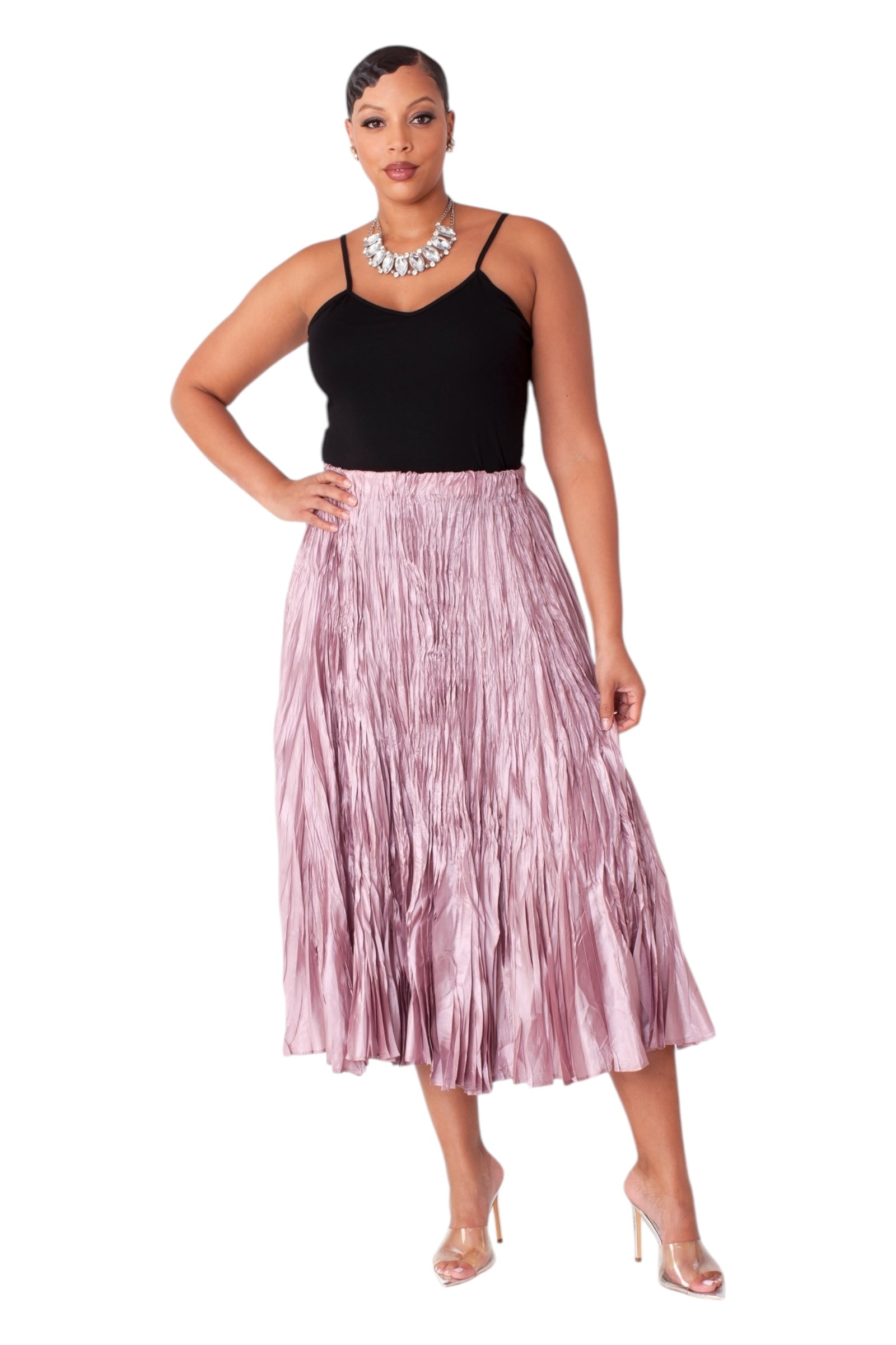 Nylon Long Skirt カーキ＆ブラック　MARQUE Elastic Waist Crinkle Maxi Skirt- 82615 – FOR HER NYC OFFICIAL