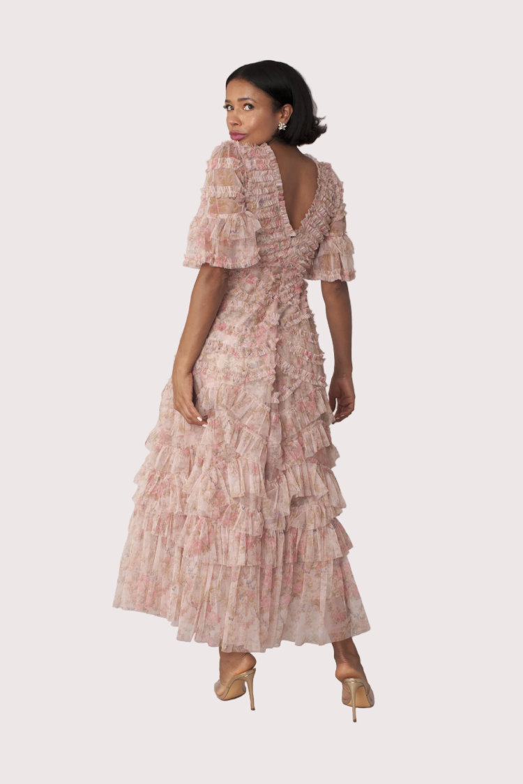 Floral tiered ruffle midi dress back view, flowing layered silhouette shown, For Her NYC